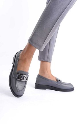 کفش لوفر طوسی زنانه چرم خالص GNS Shoes - کد 858983234