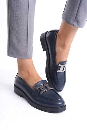کفش لوفر سرمه ای زنانه چرم خالص GNS Shoes - کد 858983774