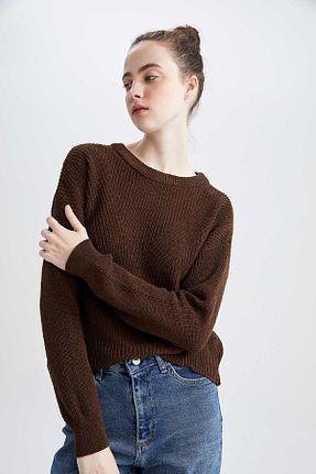 پلیور قهوه ای زنانه ساده Defacto - کد 339555704