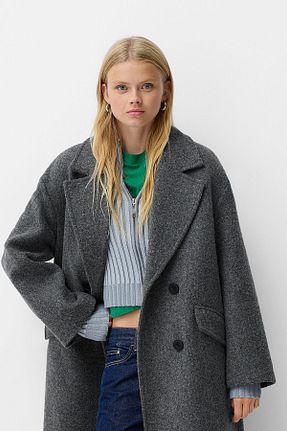 پالتو پشمی طوسی زنانه Boxy Bershka - کد 859395449