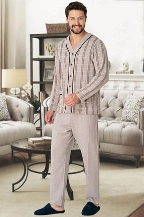 ست لباس راحتی سایز بزرگ قهوه ای مردانه طرح دار Mecit Pijama - کد 859642674