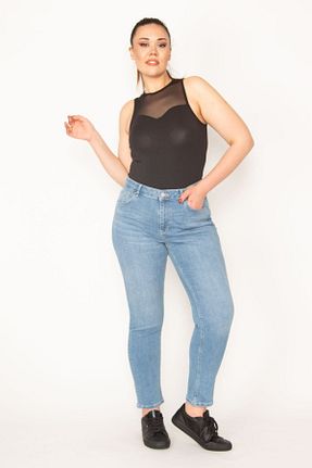 شلوار جین سایز بزرگ آبی زنانه پاچه تنگ Şans - کد 302202432