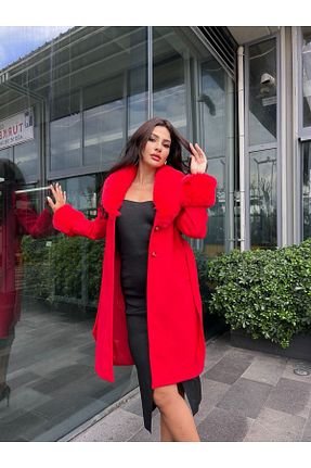 پالتو پشمی قرمز زنانه آستر دار Göker Life - کد 860274914
