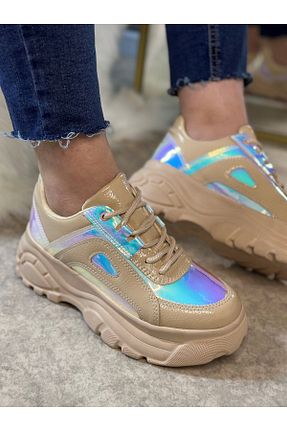 کفش اسنیکر بژ زنانه بند دار İmerShoes - کد 822301111
