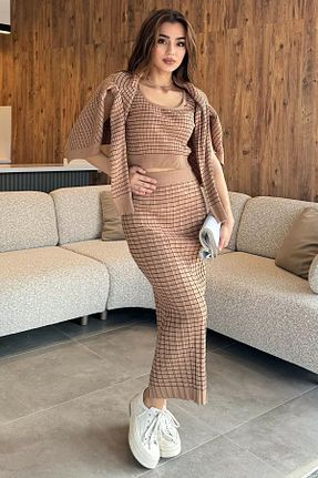 ست بالاتنه و پائین تنه قهوه ای زنانه بافتنی GÜLSELİ - کد 860593340
