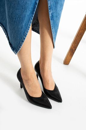 کفش پاشنه بلند پر مشکی زنانه چرم خالص FOLLİNİ - کد 860685324