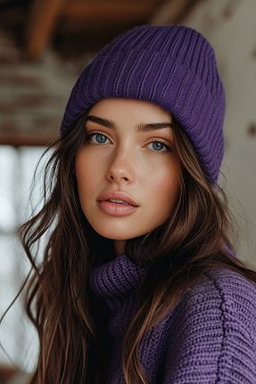 کلاه پشمی بنفش زنانه پنبه ای SadeRenk - کد 797152905