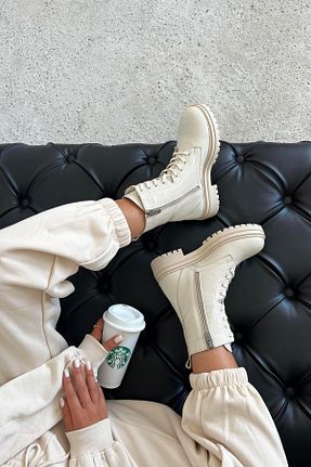 بوت برفی بژ زنانه چرم خالص Straswans - کد 355400704