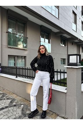 شلوار جین سفید زنانه پاچه پهن Zerrincan Giyim - کد 848123993