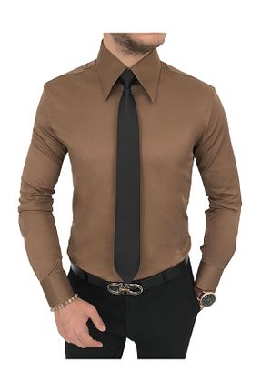پیراهن قهوه ای مردانه اسلیم فیت TerziAdemAltun - کد 343400201
