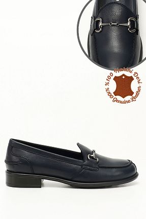 کفش لوفر سرمه ای زنانه چرم خالص GÖNDERİ(R) - کد 835696296
