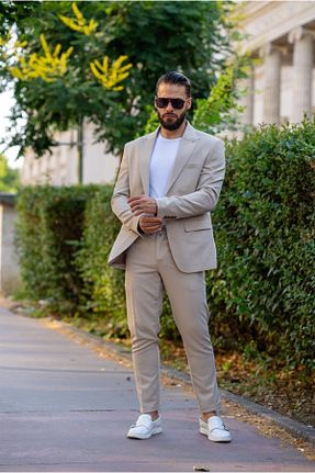 کت و شلوار بژ مردانه یقه نوک تیز Salihtarzz - کد 745163604
