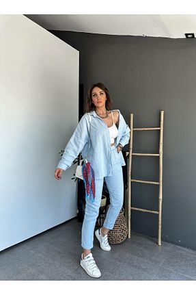 ست بالاتنه و پائین تنه آبی زنانه بافتنی Zerrincan Giyim - کد 838707915