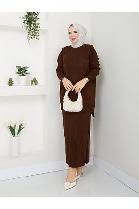 ست بالاتنه و پائین تنه حجاب قهوه ای زنانه رگولار MODAMÜNASİP - کد 861126010
