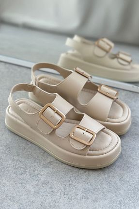 صندل بژ زنانه پاشنه تخت GOFFSHOES - کد 851348595