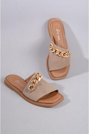 دمپائی بژ زنانه چرم خالص SEÇ KUNDURA - کد 743151080