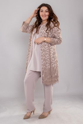 ست لباس مجلسی سایز بزرگ بژ زنانه آستین بلند Güzelyalı - کد 808012672