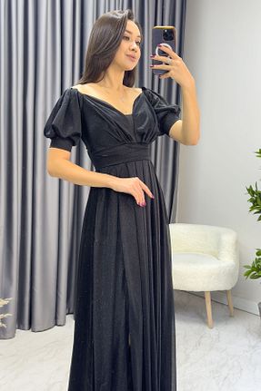 لباس مجلسی سایز بزرگ مشکی زنانه یقه هفت Elbise Delisi - کد 861990963