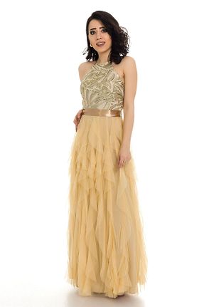 لباس مجلسی و فارغ التحصیلی طلائی زنانه بدون آستین Ayhan - کد 66391578
