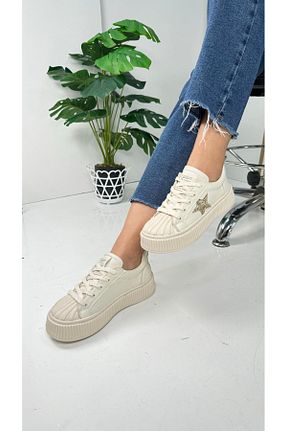 کفش اسنیکر بژ زنانه بند دار İmerShoes - کد 824507813