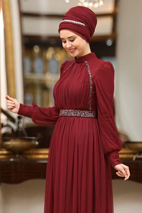 لباس مجلسی حجاب زرشکی زنانه یقه نامتقارن DENİMİNİ - کد 861894842
