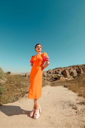 لباس نارنجی زنانه بافتنی LOCH BUTİK - کد 752378286