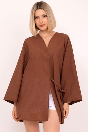 کیمونو و کافتان قهوه ای زنانه مخلوط کتان Naliru - کد 862371158