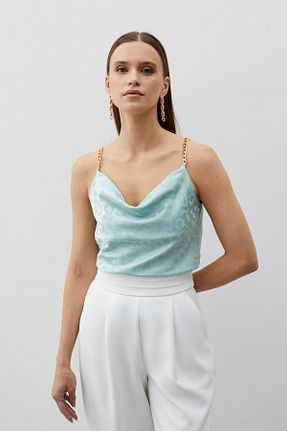 بلوز فیروزه ای زنانه طرح دار Sateen - کد 861967422