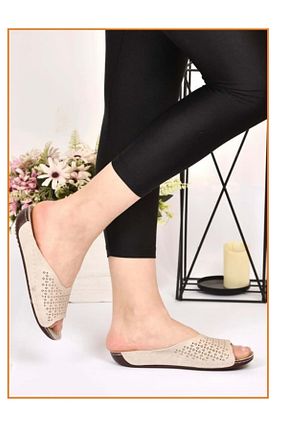 دمپائی بژ زنانه چرم مصنوعی KOCAMANLAR - کد 100243619