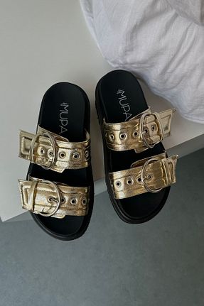 دمپائی طلائی زنانه چرم مصنوعی Mupa Shoes - کد 846391248