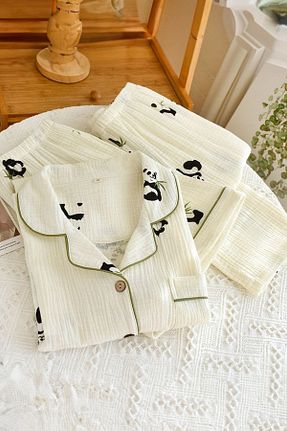 ست لباس راحتی سفید زنانه چاپی PEMBİŞ HOMEWEAR - کد 863212859