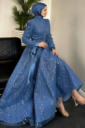 لباس مجلسی حجاب سرمه ای زنانه یقه ایستاده MERVEN AKYÜZ - کد 875800858