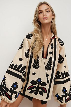 بلوز بژ زنانه Etnik Trend Alaçatı Stili - کد 355278546