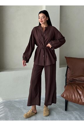 ست بالاتنه و پائین تنه قهوه ای زنانه بافتنی Laluvia - کد 862571947