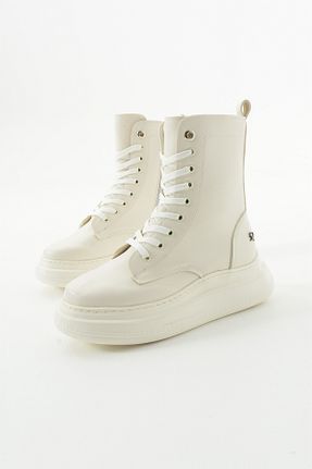 بوت / نیم بوت سفید زنانه چرم مصنوعی Gökçe Shoes - کد 862775696