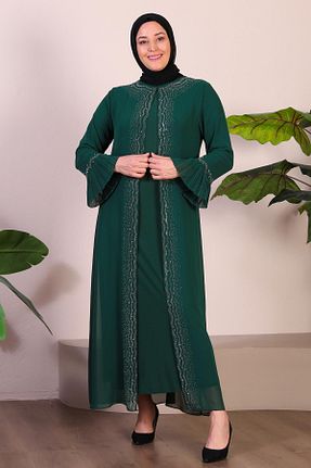 لباس مجلسی حجاب سبز زنانه یقه ایستاده Ferace - کد 777702493