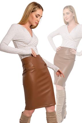 دامن قهوه ای زنانه چرم مصنوعی Laranor - کد 176668311