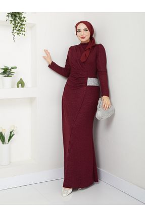 لباس مجلسی حجاب زرشکی زنانه یقه ایستاده Genel Markalar - کد 863109164