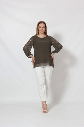بلوز سایز بزرگ خاکی زنانه اسلیم فیت Moda Berray - کد 741782505