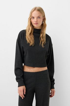 پلیور طوسی زنانه بافت دار Bershka - کد 863365416