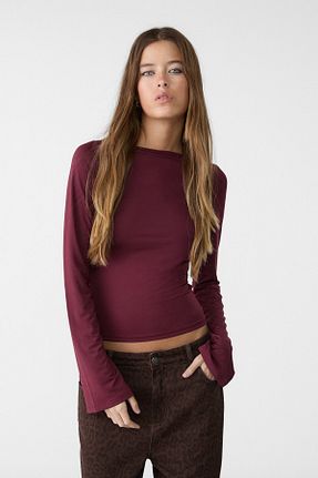 تیشرت زرشکی زنانه Fitted Stradivarius - کد 863361636