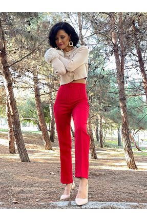 شلوار پارچه ای قرمز زنانه بلند AYLİMODA - کد 863421150