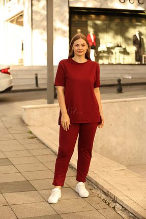 ست بالاتنه و پائین تنه سایز بزرگ زرشکی زنانه بافتنی EGZEBRU - کد 844751343