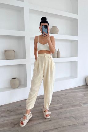 شلوار بژ زنانه کتان Seda Yalçın Atelier - کد 862734858