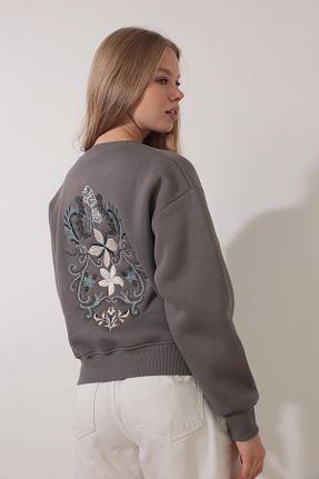 سوئیشرت طوسی زنانه نقش دار / کار شده AMİDA - کد 855549277