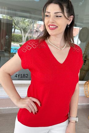 پلیور قرمز زنانه ساده İnce Topuk - کد 848644404