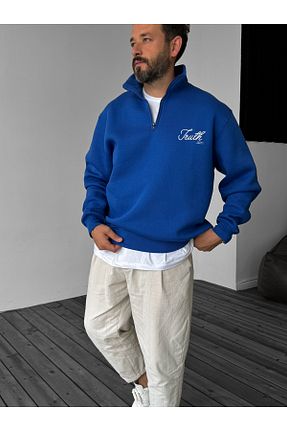 سوئیشرت آبی مردانه نقش دار / کار شده BYBASICMAN - کد 863348929