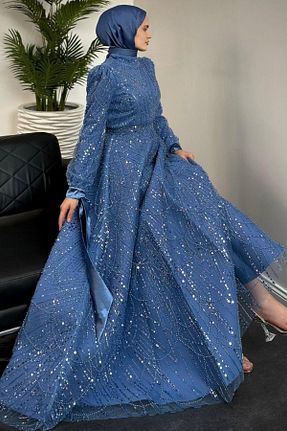 لباس مجلسی حجاب سرمه ای زنانه یقه ایستاده MERVEN AKYÜZ - کد 875800858