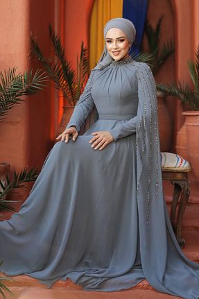 لباس مجلسی حجاب طوسی زنانه یقه ایستاده Neva Style - کد 863831433