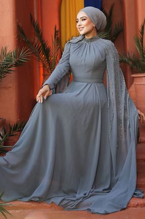 لباس مجلسی حجاب طوسی زنانه یقه ایستاده Neva Style - کد 863831433